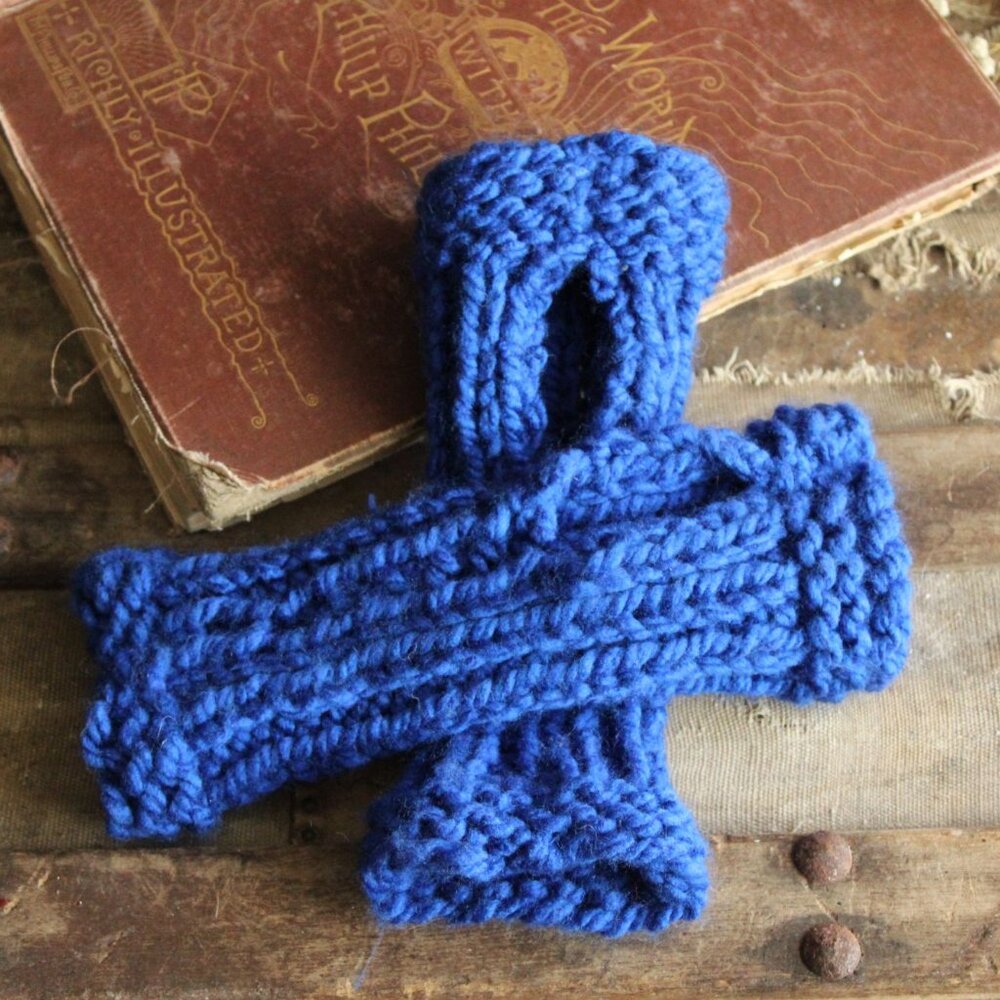 Hand Knit Fingerless Gloves, Armwarmers in Blue Yarn, Womens "Sapphire Sky" - Picture 6 of 11